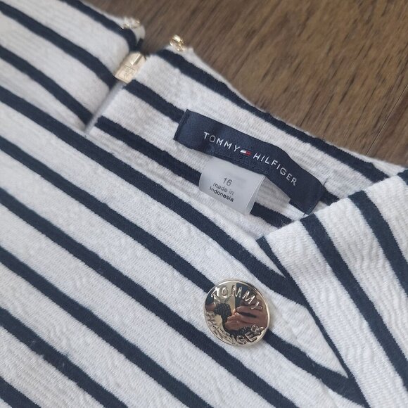 💙 Tommy Hilfiger Striped Soft Dress Size 16 Nautical Summer Silver Button Detai - Picture 7 of 8